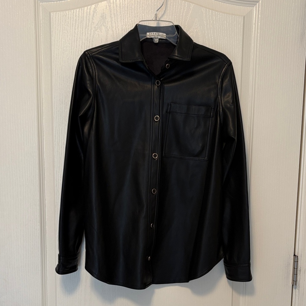 Bagatelle Collection Soft Black Faux Leather Button-Up Shirt size XS Gold Accent